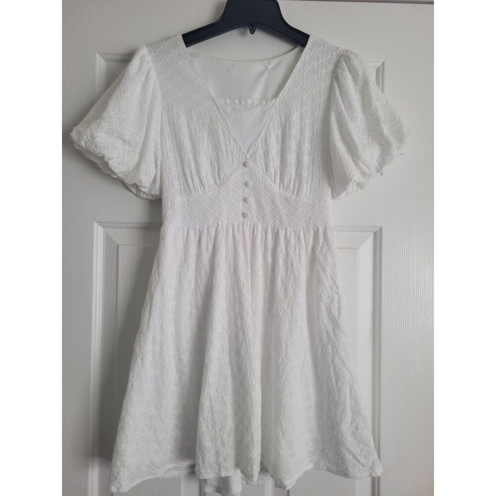 Altar'd State White Eyelet Dress Small Puff Sleeve V-Neck Button Smocked